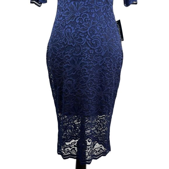 Express Women's Sheath Dress Size 4 Navy Blue Floral Lace Mock Neck Short Sleeve - Picture 3 of 12